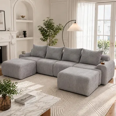 Produktbild von Modulares Cordsofa 4-Sitzer 2 Hocker Getränkehalter Seitentasche Hellgrau 333x174x80cm