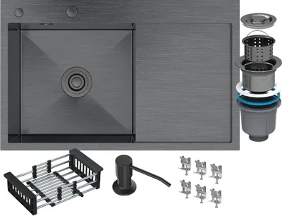 A product shot of a kitchen sink and its accessories, laid out on a light gray background.