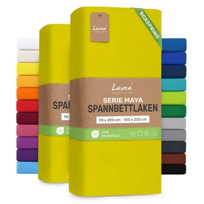 Produktbild von Lavea® 2er Pack Spannbettlaken 90/100x200 cm, Jersey Bettlaken 100% Baumwolle – Boxspringbetten, Wasserbetten, Matratzen bis 35 cm – Sonnengelb
