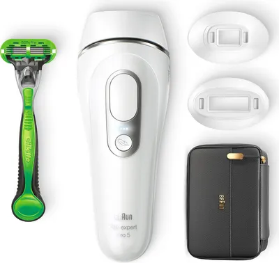 A collection of personal grooming items, including an IPL hair removal device, a razor, and accessories, arranged on a white background.