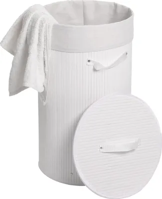 Image de Panier à linge HWC-C21, Laundry Bac à linge Collecteur de linge Bac à linge, Bambou rond 59x35cm 50l ~ blanc