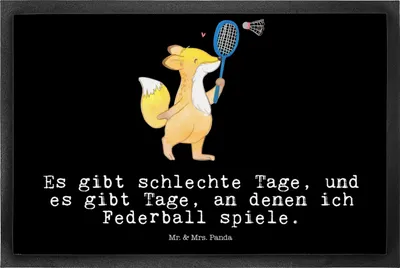 Produktbild von Mr. & Mrs. Panda fußmatte Fuchs Federball spielen 50 x 75 cm - Schwarz - Geschenk, Schmutzmatte, Schmutzfänger, Bodenvorleger, Badminton, flurmatte, hausmatte