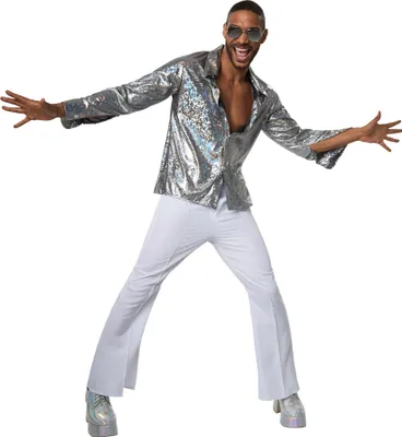 A man wearing a disco outfit posing against a white background.