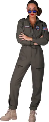 A woman wearing a pilot costume.