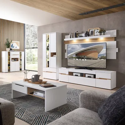 Produktbild von Wohnzimmer Set mit Couchtisch und LED-Beleuchtung, weiß supermatt mit Eiche, 5-teilig - MANRESA-36