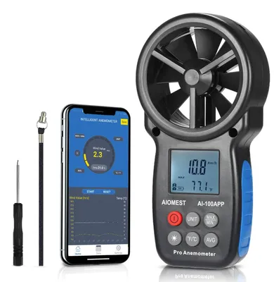 Bluetooth-Windmesser mit App, digital, 0,3–30 m/s, -10–45 °C, Datenlogger
