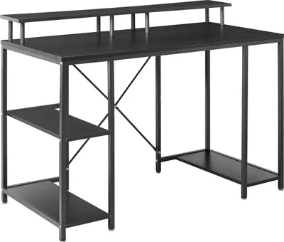 Obrázok produktu pre BELIANI – Čierny písací stôl z MDF dosky s kovovým rámom, s podstavcom na monitor, policami, obdĺžnikového tvaru, rozmerov 120x60 cm. Moderný stôl do domáceho pracoviska, kancelársky stôl, pracovný stôl