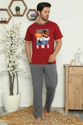 Produktbild von Herren Pyjama Schlafanzug Bordeuax XL Kurz 2-Teiler Set %100 Baumwolle S-75