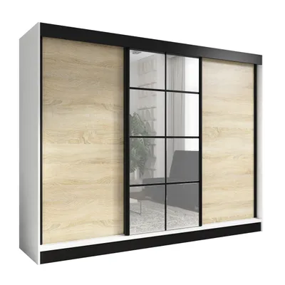 Produktbild von Oravelle 200 cm Weiß / Sonoma2, 3-türiger Kleiderschrank mit Spiegel, 4 Schubladen und Kleiderstangen – Funktionalität und Eleganz!
