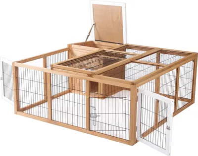 Produktbild von Kaninchenstall Kleintiergehege 123 X 120 X 52 Cm Mit Dach Zum Öffnen Mit Freigehege Tannenholz Natur