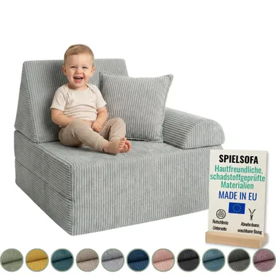 Produktbild von Pillows24 – Spielsofa für Kinder aus Cordstoff | Kindersessel mit waschbarem Bezug | Kindersofa für Spielzimmer – Hergestellt in der EU, Hellgrau