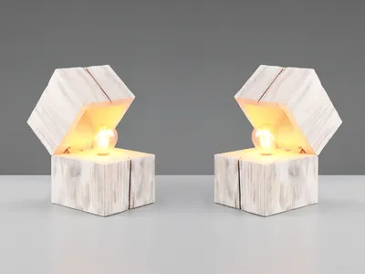 Produktbild von 2er SET kleine ausgefallene LED Tischlampen aus Holz, Nachttischleuchten Weiß