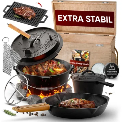 Produktbild von GUSSKÖNIG Dutch Oven in Holzbox 11tlg. mit Bratpfanne Saucentopf Untersetzer Deckelheber