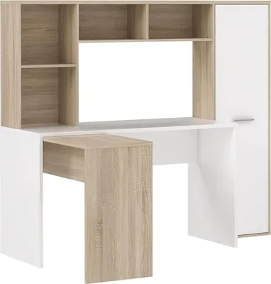 A white and wood-grain corner desk with a hutch and a cabinet.