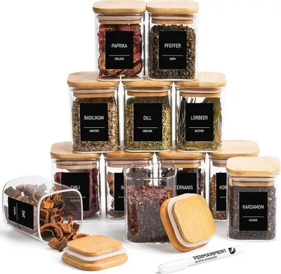 Obrázok produktu pre Sklenené nádoby na bylinky s dreveným viečkom – sada 12 ks – 180 ml – štvorcové