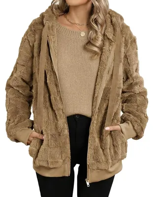 Imagen del producto de Chaqueta de forro polar para mujer, modelo "Warm" - Chaqueta de sherpa - Sudadera con capucha - Cierre con cremallera - Dos bolsillos - Cordón ajustable - Chaqueta