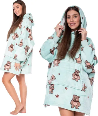 Obrázek produktu pro Mikina Přikrývka Přikrývka 2v1 Oversize Kapuce Tlustá Sherpa Modrá s medvědy