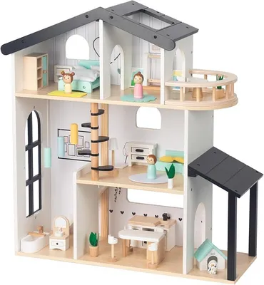 Imagen del producto de Casa de muñecas de madera, villa de 3 plantas con balcón y accesorios, casa de juegos rosa para niñas a partir de 3 años