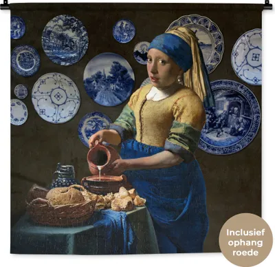 Produktbild von MuchoWow® Wandteppich Wandbehang Milchmädchen - Das Mädchen mit dem Perlenohrring - Vermeer 90x90 cm Tapisserie Dekoration Wandtuch - Wandaufhänger