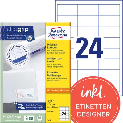 Produktbild von Avery Zweckform 3658 Universal-Etiketten, A4 mit ultragrip,  Adressaufkleber 64,6 x 33,8 mm, weiß