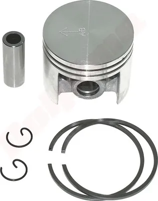 A set of engine parts, including a piston, wrist pin, and piston rings, laid out on a white background.