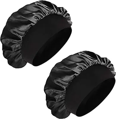 Produktbild von 2 Stück Satin Haarhaube Bonnet für Die Nacht,Schlafhaube Seide,Weiche Seidenhaube Zum Schlafen Bonnet Sleep Cap,Atmungsaktive Schlafmütze Damen Mädchen(Schwarz)