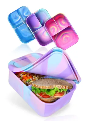 Produktbild von Deine Schulhelden Silikon Brotdose 1200ml Blau - Bruchfeste und Auslaufsichere Bento Box, Lunchbox, BPA FREI, 3 Fächer, lila