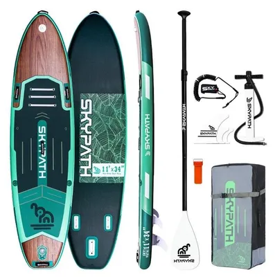 Produktbild von Aufblasbares SUP Board 335x86x15 cm - Stand Up Paddleboard - Extra Breit Stabil - Für 1–3 Personen - Bis 200 kg Tragkraft - Mit Zubehör - Grün