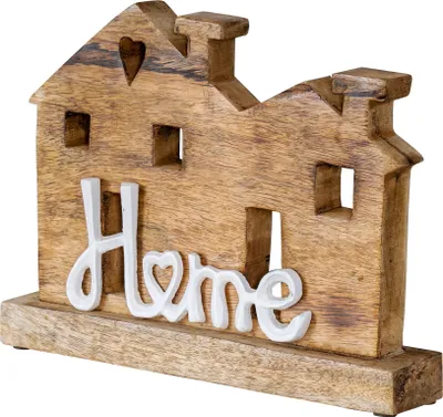Produktbild von Aufsteller Haus H20cm Home Weiß Mango Metall Schriftzug Holz Deko Tischdeko