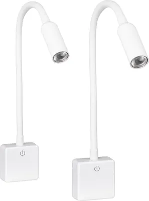 Two white LED plug-in lamps with flexible necks and square bases, each featuring a power button icon.