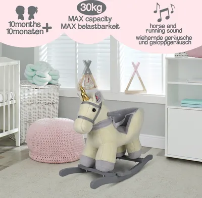 Produktbild von Infantastic® Schaukeltier - Einhorn, Plüsch, ab 1 Jahr, für Baby und Kind, Elefant/Einhorn/Faultier/Marienkäfer/Schaf, mit Gurt, Musik, Griff, Fußstütze - Schaukelstuhl, Schaukelspielzeug, Schaukelpferd