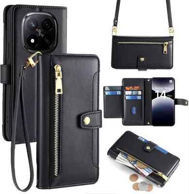 Produktbild von Handykette Xiaomi Redmi Note 14 Pro+ Hülle mit Band Handyhülle Kartenfächer Kunstleder Umhängetasche in Schwarz