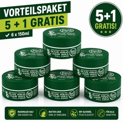 Produktbild von Red One Olive Aqua Gel Wax 6er Pack – 6 Stück je 150ml Aqua Hair Gel Wax Vorratspack für starken Halt, Wet Look, Glanz, Barber Style, Herren Frisur, kurze Haare, Friseurbedarf & Alltag