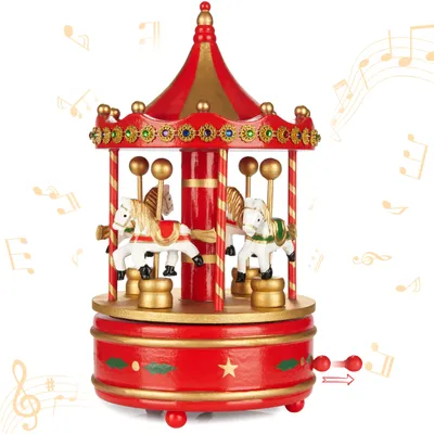 Produktbild von BRUBAKER drewniana pozytywka melodia: Jingle Bells - Karuzela z końmi - 24 cm pozytywka dekoracja na Boże Narodzenie - świąteczna dekoracja pozytywka - czerwone złoto