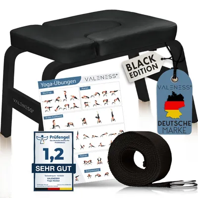 Produktbild von VALENESS® Yoga Kopfstandhocker - Hochwertiger Yoga Hocker inkl. Yogagurt, Yogablock & Übungsposter - Yoga Stuhl zur Handstand-Übung aus Naturholz