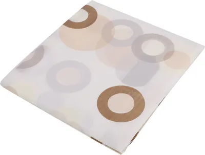 A folded shower curtain with a circular pattern.