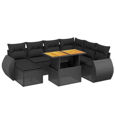 Produktbild von 8-tlg. Garten-Sofagarnitur, modular, Poly Rattan Schwarz, verstellbarer Tisch mit Akazienholzplatte, UV-beständig, waschbare Kissenbezüge