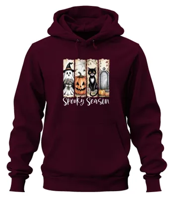 Productafbeelding van Spookseizoen Halloween: pompoen, zwarte kat, spook, graf, spin. Uni hoodie, bordeauxrood, maat M