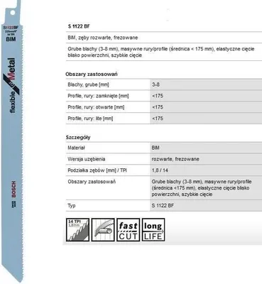 Zdjęcie produktu dla Bosch 2 608 656 019, Brzeszczot do piły poprzecznej, Rura, Profil, Blacha (cienka), Bimetaliczny, 2 mm, 0,9 mm, 22,5 cm