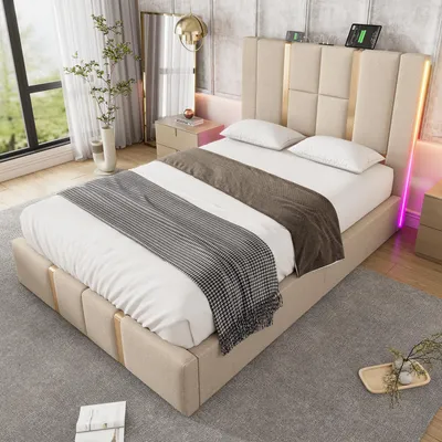 A bedroom scene featuring a bed with bedding, a nightstand, and a window.