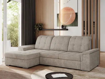 Produktbild von MKS MEBLE Sofa mit Schlaffunktion - Ecksofa mit Schlaffunktion und Bettkasten - Sofa 3 Sitzer - Schlafsofa - Couch - Schlafsofa mit Bettkasten - Madrito L - Beige Struktur - Links Seite