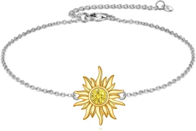Image de VONALA 925 Bracelet de cheville en argent sterling avec pendentif soleil citrine novembre pierre de naissance Chaîne ajustable 9+2 pouces