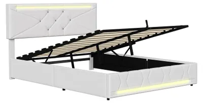 Produktbild von Polsterbett mit Stauraum - Doppelbett 160x200 cm - LED-Beleuchtung - USB-Anschluss - Lattenrost - Hanfstoff - Beige