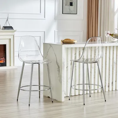 Produktbild von MODFU 2er-Set Barhocker mit schwebendem Design,Esszimmerstuhl Transparente mit 66 cm Sitzhöhe,Bürostuhl,Küchenstuhl mit silbernen Metallbeinen,Gummifüße und Fußablage