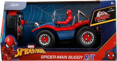 The image shows a Spider-Man R/C buggy toy in its retail packaging.