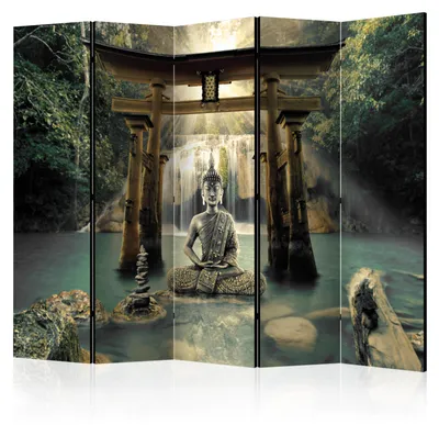 Produktbild von Muralo Beiseitig bedruckter PARAVENT 5-teilig Raumteiler klappbar BUDDHA WASSERFALL NATUR 225cmx172cm