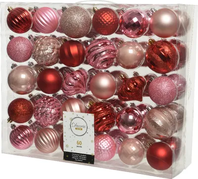 Produktbild von Weihnachtskugeln Kunststoff 6-7cm Ornamente 60er Set - Rot Pink Rosa