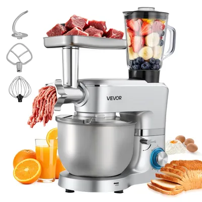 Image de Robot de cuisine multifonctionnel VEVOR électrique 1500 W avec bol en acier inoxydable (6 L) & bol de mixage (1,5 L), pétrin batteur à pâte avec 6+P vitesses & crochets pétrisseurs & fouets & fouets mélangeurs