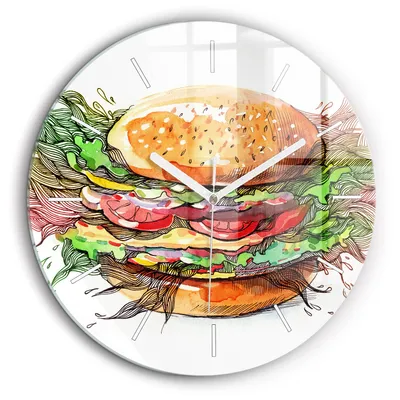 Produktbild von Wallfluent Große Wanduhr – Stilles Quarzuhrwerk - Uhr Dekoration Wohnzimmer Schlafzimmer Küche - Zifferblatt mit Striche - weiße Zeiger - 60 cm - XXL-Käse-Burger
