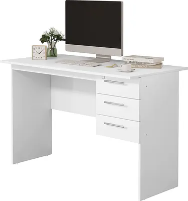 Produktbild von WOLTU Bürotisch, mit 3 Schubladen und Schloss, aus Holz, 120x60x75cm(BxTxH) Weiß